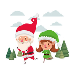 santa claus with elf woman moving with christmas trees