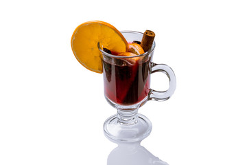 Mulled wine on white background with reflection