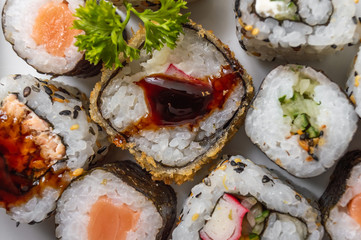 Uramaki and Hot Roll on a plate