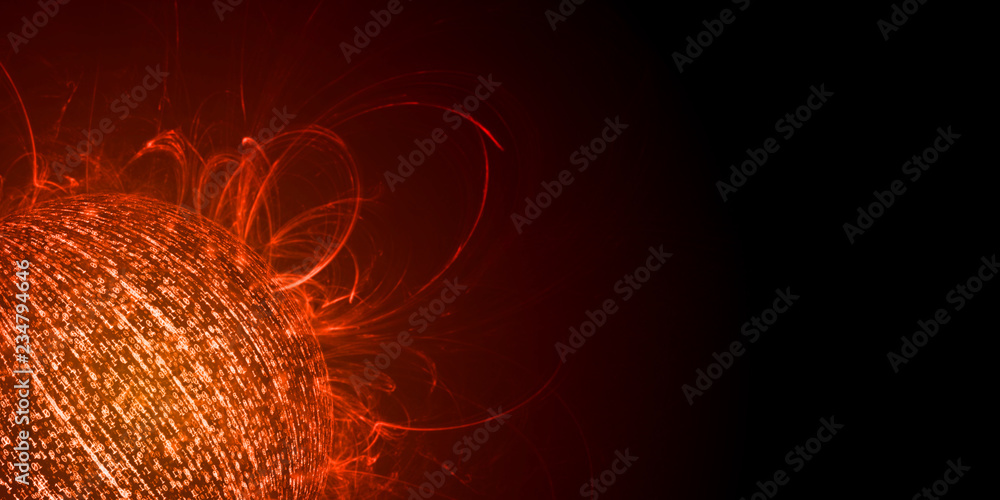 Poster information overload concept. sphere created from binary data with glowing red color and heat flame 