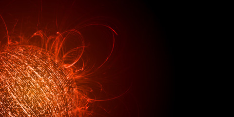 Information overload concept. Sphere created from binary data with glowing red color and heat flame emitting like sun flare loop. For artificial intelligence, technology background. 3D illustration