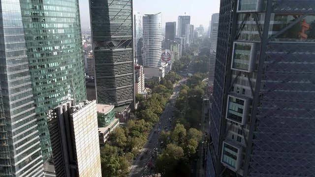 Aerial top view of Paseo de la Reforma in Mexico City 