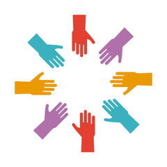Circle of colorful hands illustration. Vector trendy flat glyph icon for concepts of partnership, unity, culture and education, volunteering, teamwork