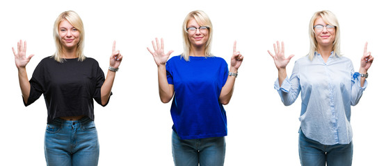 Collage of beautiful blonde woman over isolated background showing and pointing up with fingers number six while smiling confident and happy.