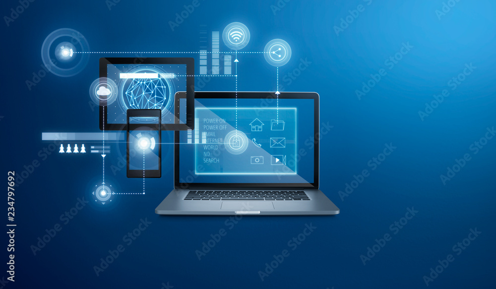 Poster smart home app interface on laptop ,digital pad and smart phone to control house with artificial int