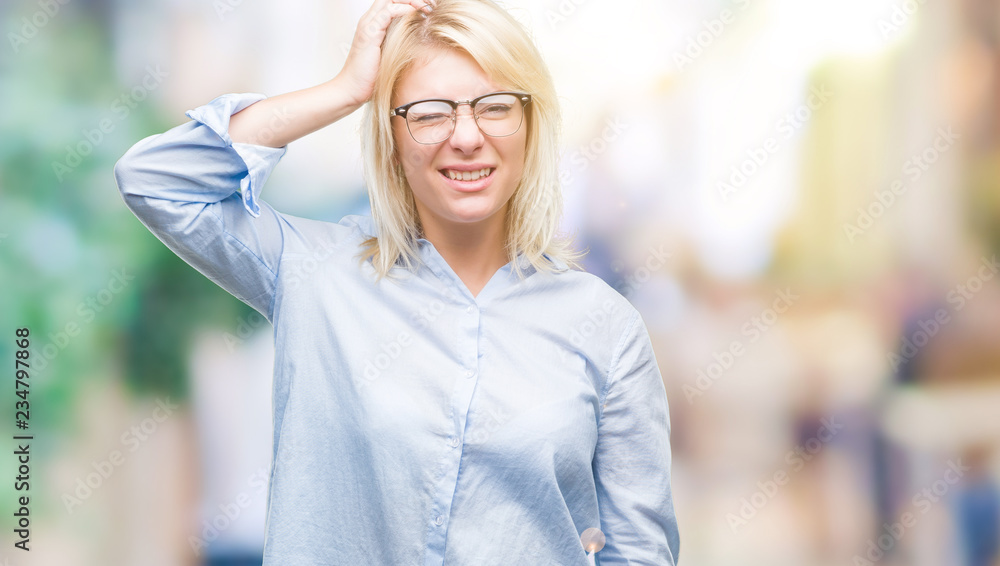 Poster Young beautiful blonde business woman wearing glasses over isolated background confuse and wonder about question. Uncertain with doubt, thinking with hand on head. Pensive concept.