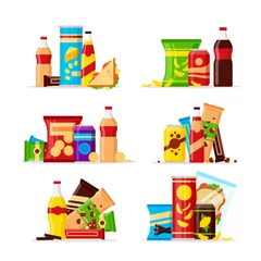 Poster Snack product set, fast food snacks, drinks, nuts, chips, cracker, juice, sandwich isolated on white background. Flat illustration in vector © Ekaterina Mikhailova