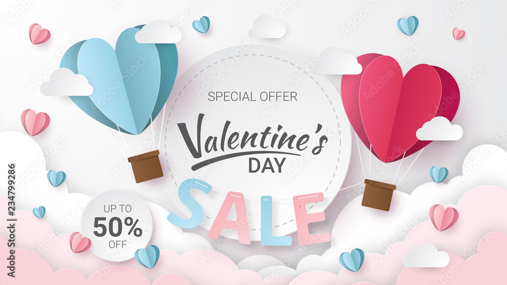 Wall mural Valentines day sale background with Heart Balloons and clouds. Paper cut style. Can be used for Wallpaper, flyers, invitation, posters, brochure, banners. Vector illustration.