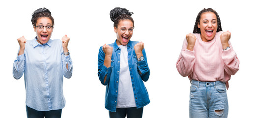 Obraz premium Collage of beautiful braided hair african american woman over isolated background celebrating surprised and amazed for success with arms raised and open eyes. Winner concept.