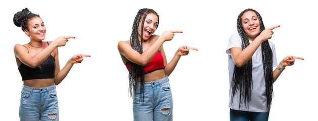 Obraz premium Collage of beautiful braided hair african american woman with birth mark over isolated background smiling and looking at the camera pointing with two hands and fingers to the side.