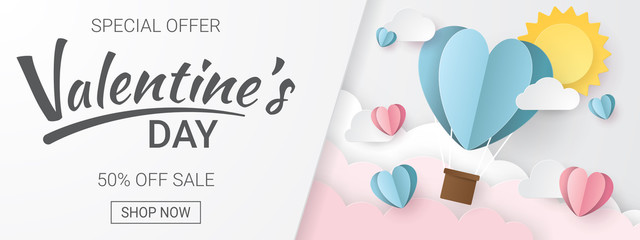 Valentines day sale background with Heart Balloons, clouds and sun. Paper cut style. Can be used for Wallpaper, flyers, invitation, posters, brochure, banners. Vector illustration.