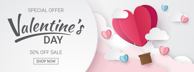 Valentines day sale background with Heart Balloons and clouds. Paper cut style. Can be used for Wallpaper, flyers, invitation, posters, brochure, banners. Vector illustration.