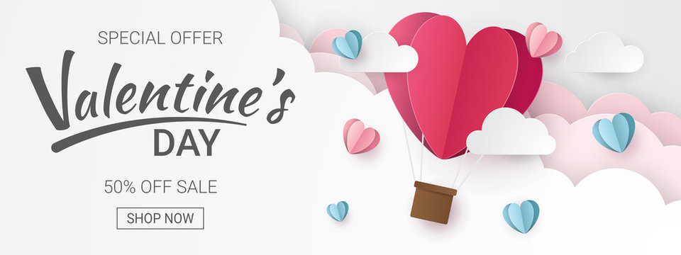 Valentines day sale background with Heart Balloons and clouds. Paper cut style. Can be used for Wallpaper, flyers, invitation, posters, brochure, banners. Vector illustration.