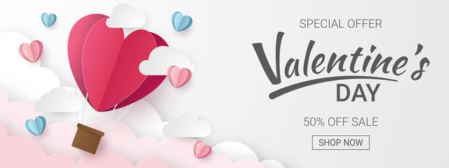 Valentines day sale background with Heart Balloons and clouds. Paper cut style. Can be used for Wallpaper, flyers, invitation, posters, brochure, banners. Vector illustration.