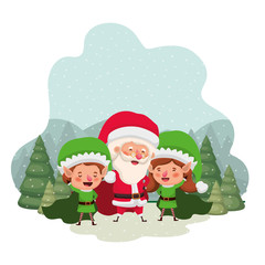 elf couple with santa claus and christmas trees with falling snow avatar character