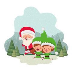 elf couple with santa claus and christmas trees with falling snow avatar character