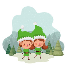 couple of elves moving and christmas trees with falling snow