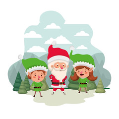 elf couple with santa claus and christmas trees with falling snow avatar character