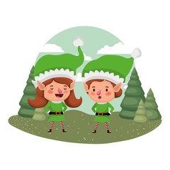 couple of elves moving and christmas trees with falling snow