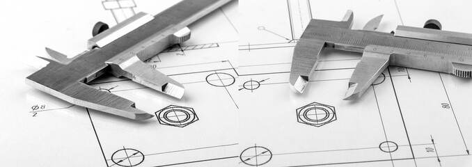 The old metal caliper and engineering drawing.