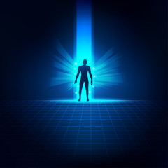 concept of science fiction theme, silhouette man stepping out the door of light, key to science success