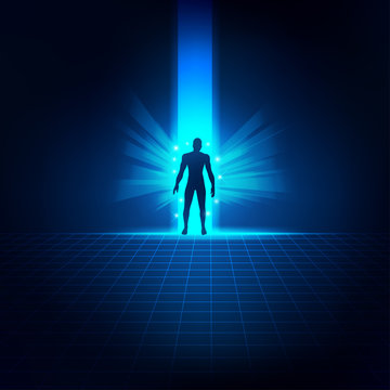 Concept Of Science Fiction Theme, Silhouette Man Stepping Out The Door Of Light, Key To Science Success