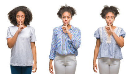 Obraz premium Collage of african american woman over isolated background asking to be quiet with finger on lips. Silence and secret concept.