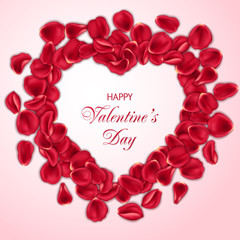 Heart-shaped frame made of red rose petals. Valentines Day card template
