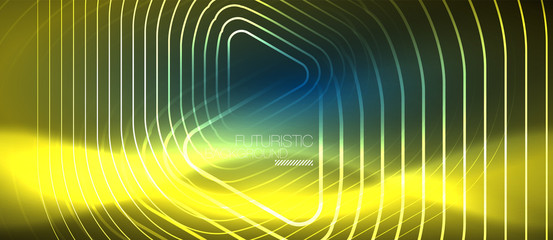 Neon glowing techno lines, hi-tech futuristic abstract background template with geometric shapes