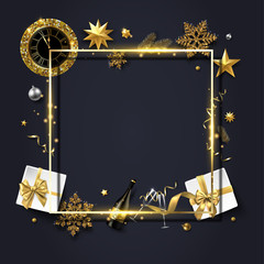 Christmas and New Year card with festive decorations, gifts, Champagne and clock. - 234805882