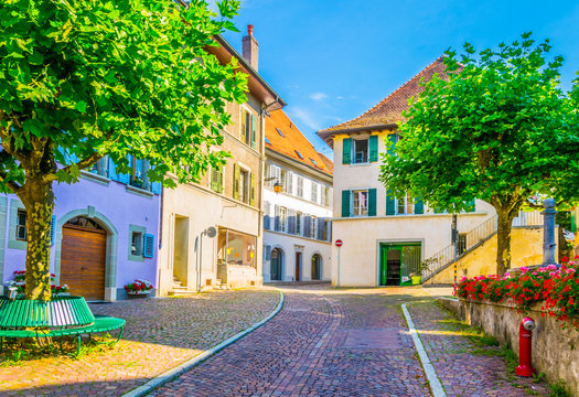 View of a narrow street in the old town of Lutry, Switzerland