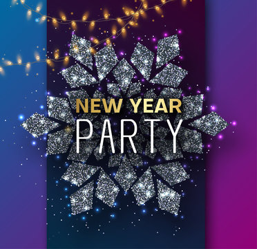 New Year party poster or invitation with luminous snowflake and lights.
