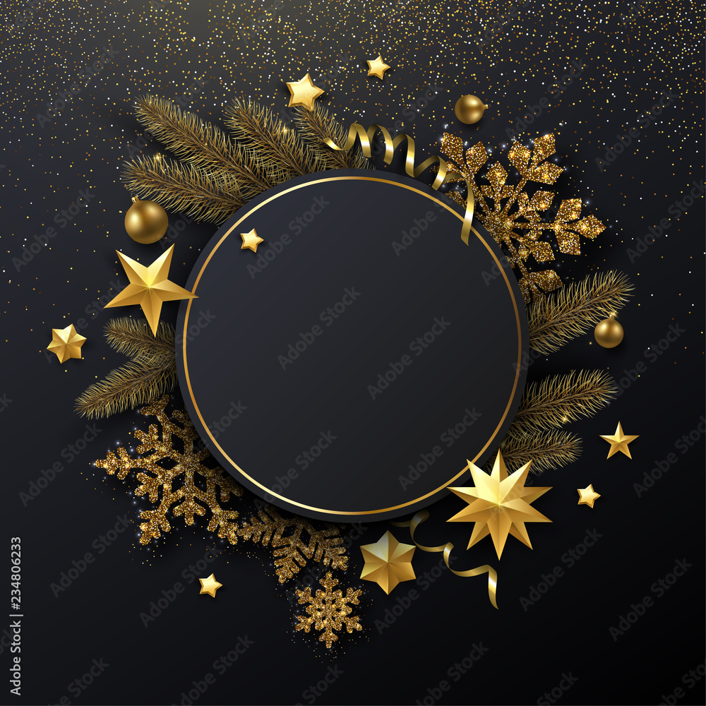 Wall mural christmas and new year round shiny card with fir branches, golden snowflakes and stars.