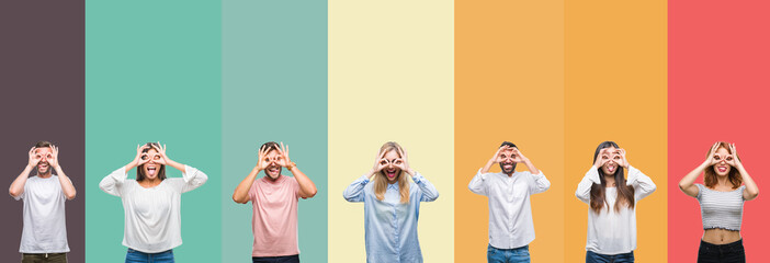 Collage of different ethnics young people over colorful stripes isolated background doing ok gesture like binoculars sticking tongue out, eyes looking through fingers. Crazy expression.