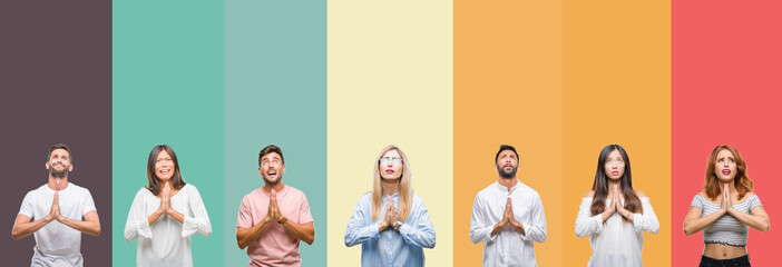 Collage of different ethnics young people over colorful stripes isolated background begging and praying with hands together with hope expression on face very emotional and worried