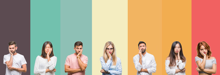 Collage of different ethnics young people over colorful stripes isolated background thinking looking tired and bored with depression problems with crossed arms.