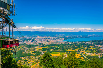 Cabin lift arriving to the top of Mont Saleve near Geneva lake, Switzerland