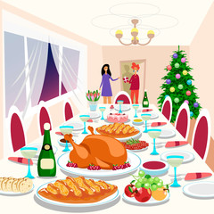 people come to visit at the Christmas party. elegant table