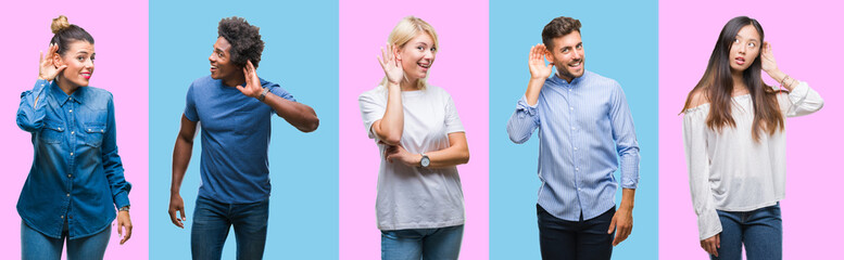 Collage of group of young casual people over colorful isolated background smiling with hand over...