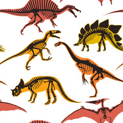 Fototapeta na wymiar Dinosaurs and pterodactyl types of animals seamless pattern isolated on white background vector.