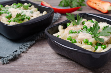 Traditional pasta with chicken slices