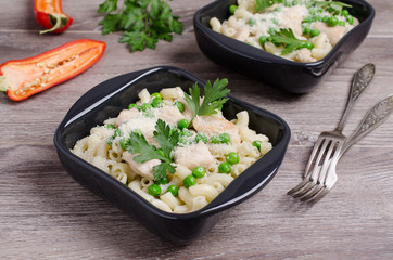 Traditional pasta with chicken slices