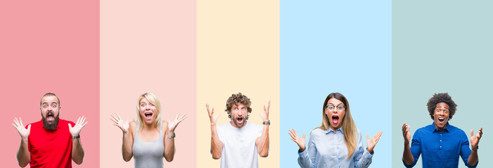 Fototapeta premium Collage of group of young people over colorful vintage isolated background celebrating crazy and amazed for success with arms raised and open eyes screaming excited. Winner concept