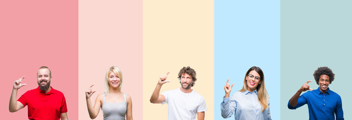 Collage of group of young people over colorful vintage isolated background smiling and confident gesturing with hand doing size sign with fingers while looking and the camera. Measure concept.