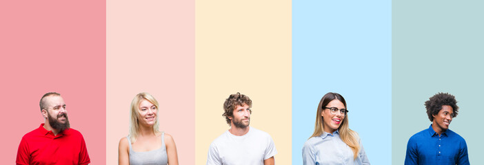 Fototapeta premium Collage of group of young people over colorful vintage isolated background looking away to side with smile on face, natural expression. Laughing confident.