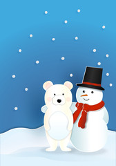 Bear wearing red hat with snowman wearing red bandana and black hat with white cloud and snow falling on blue background,