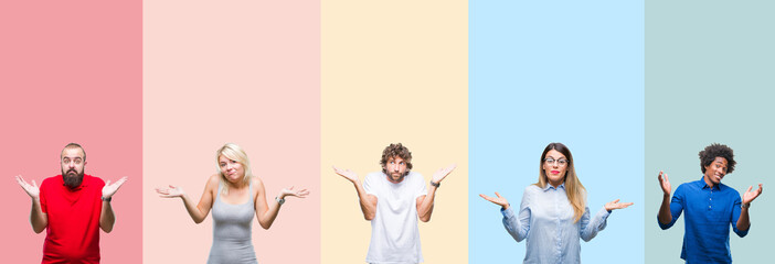 Collage of group of young people over colorful vintage isolated background clueless and confused expression with arms and hands raised. Doubt concept.