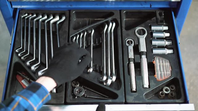 Close-up picture of mechanical workshop tools. Professional car mechanic using different tools for working in auto repair service.