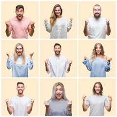 Collage of group people, women and men over colorful yellow isolated background celebrating surprised and amazed for success with arms raised and open eyes. Winner concept.