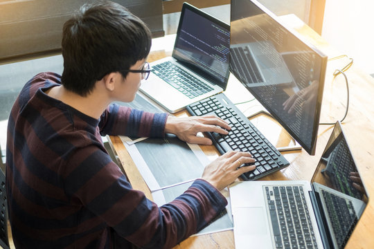 Pensive programmer working on on desktop pc programming code technologies or website design at office Software Development Company